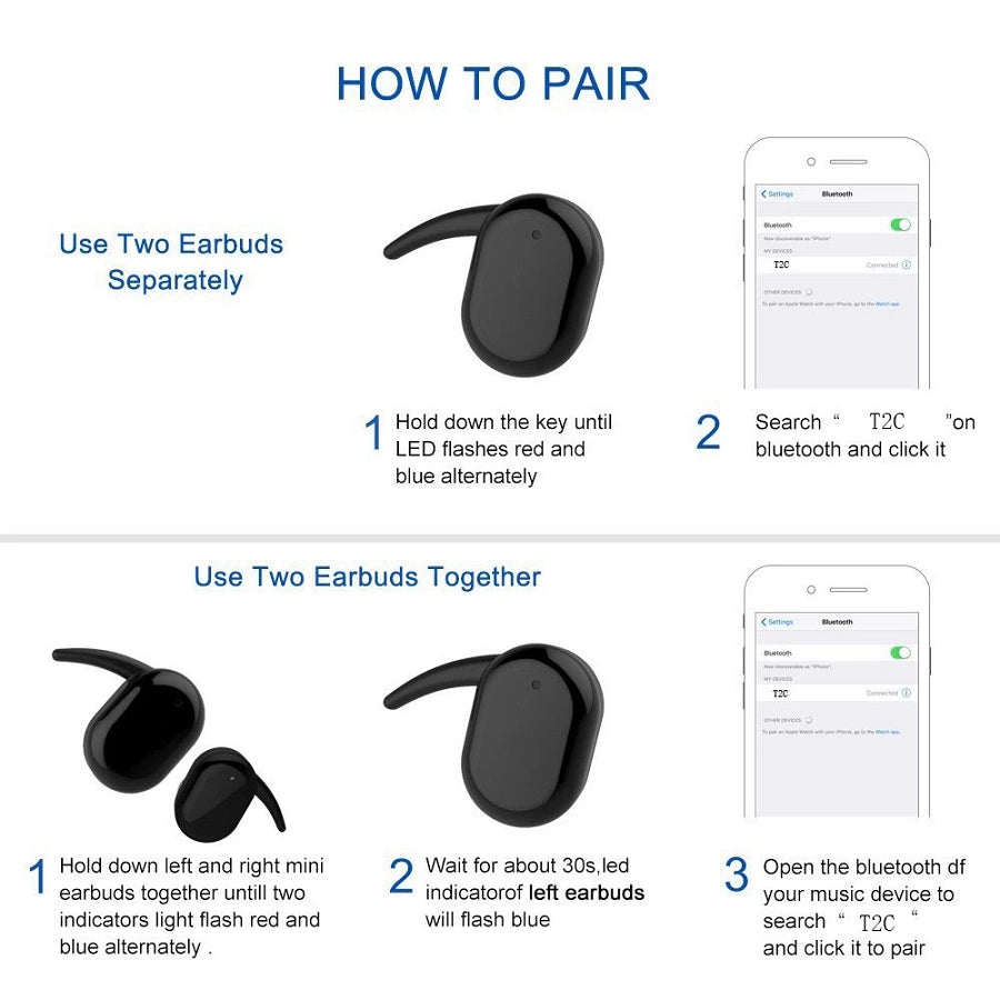 Handsfree Bluetooth 5.0 TWS T2C Con base de Carga Portatil - Resistente al sudor