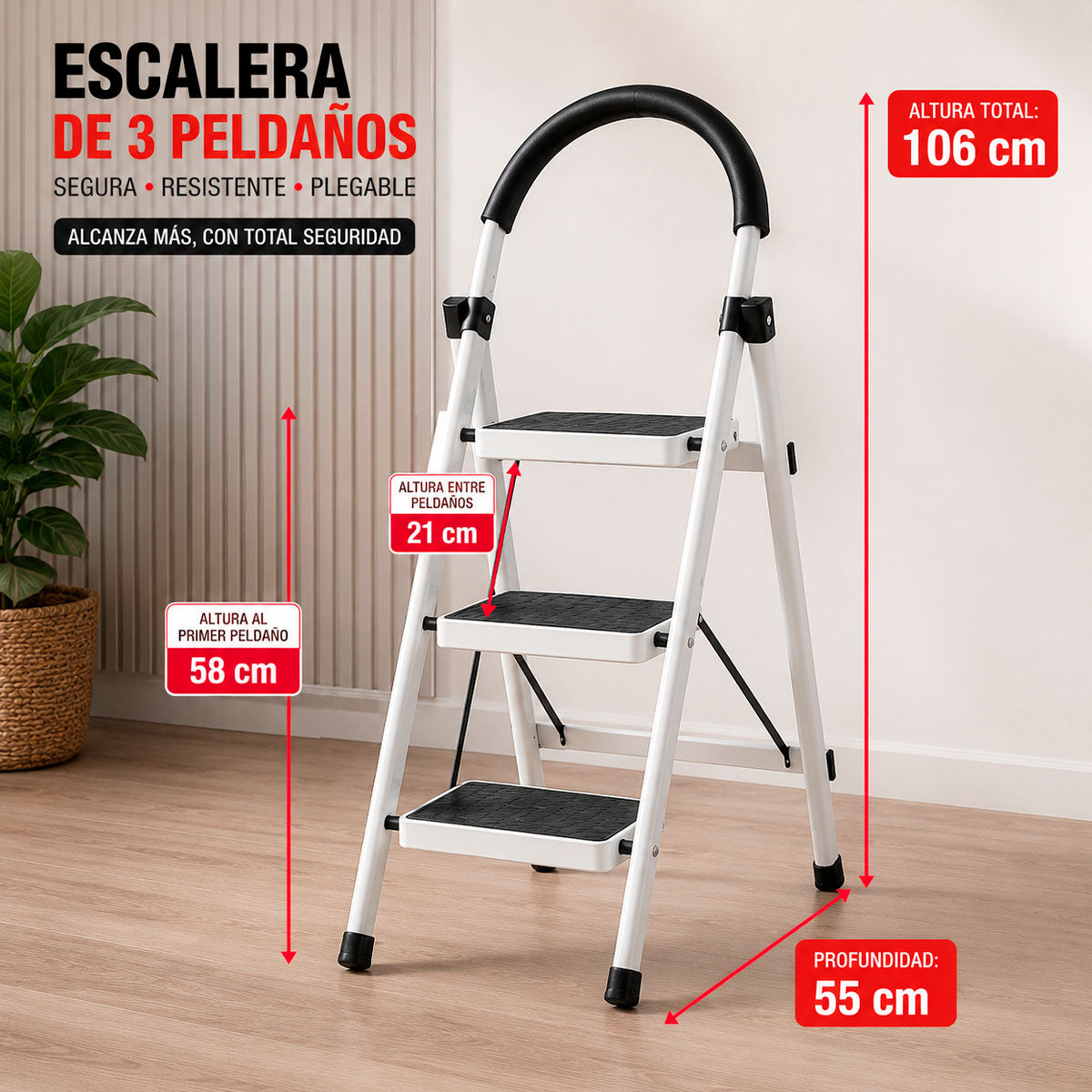 Escalera Plegable 3 Pasos Resistente Y Antideslizante Hasta 120KG