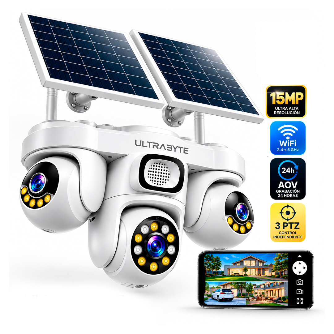 Camara Ip Ultrabyte Solar WIFI Triple Lente Bateria Recargable Alarma Vision Nocturna AW623SR