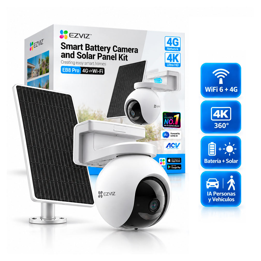 Camara IP Chip 4G WIFI Ezviz EB8 4K 360° Panel Solar Zoom Seguridad Exterior