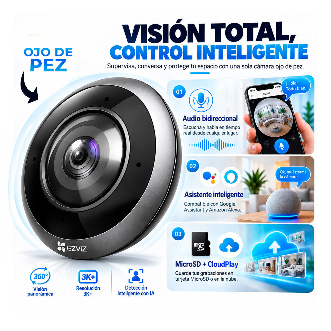 Camara IP Wifi Ezviz E4p 3K 360° Ojo de Pez Alexa Seguridad