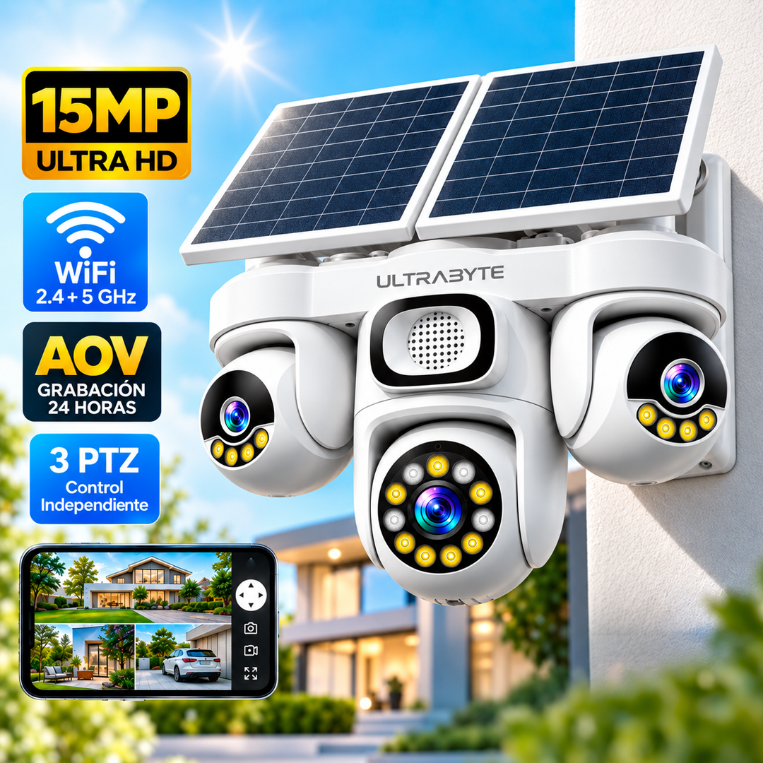 Camara Ip Ultrabyte Solar WIFI Triple Lente Bateria Recargable Alarma Vision Nocturna AW623SR