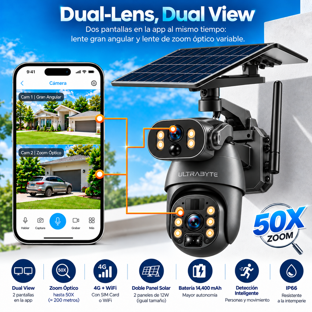 Camara Ip Ultrabyte Solar WIFI Doble Lente Zoom Optico 50X Alarma Vision Nocturna Q6MAX-50X-WIFI