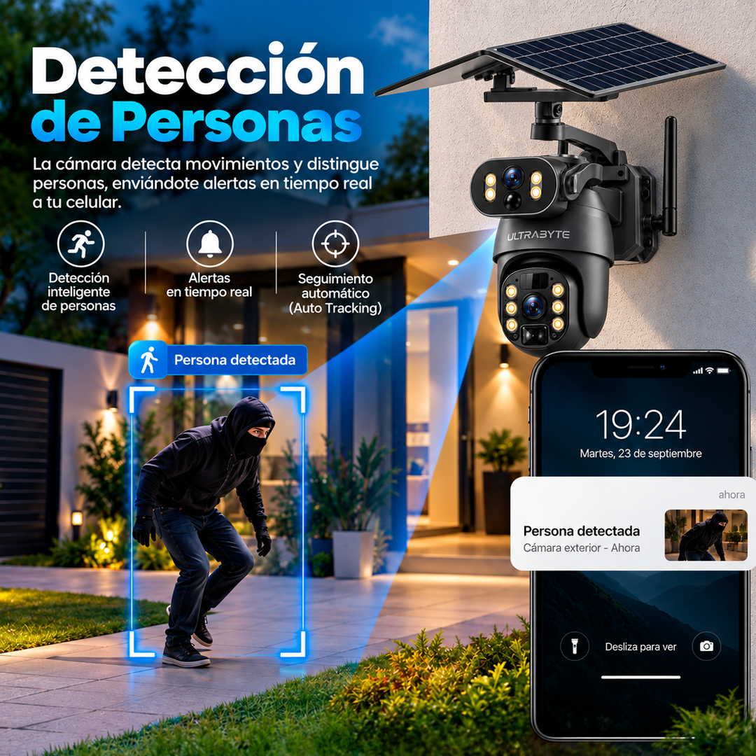 Camara Ip Ultrabyte Solar WIFI Doble Lente Zoom Optico 50X Alarma Vision Nocturna Q6MAX-50X-WIFI