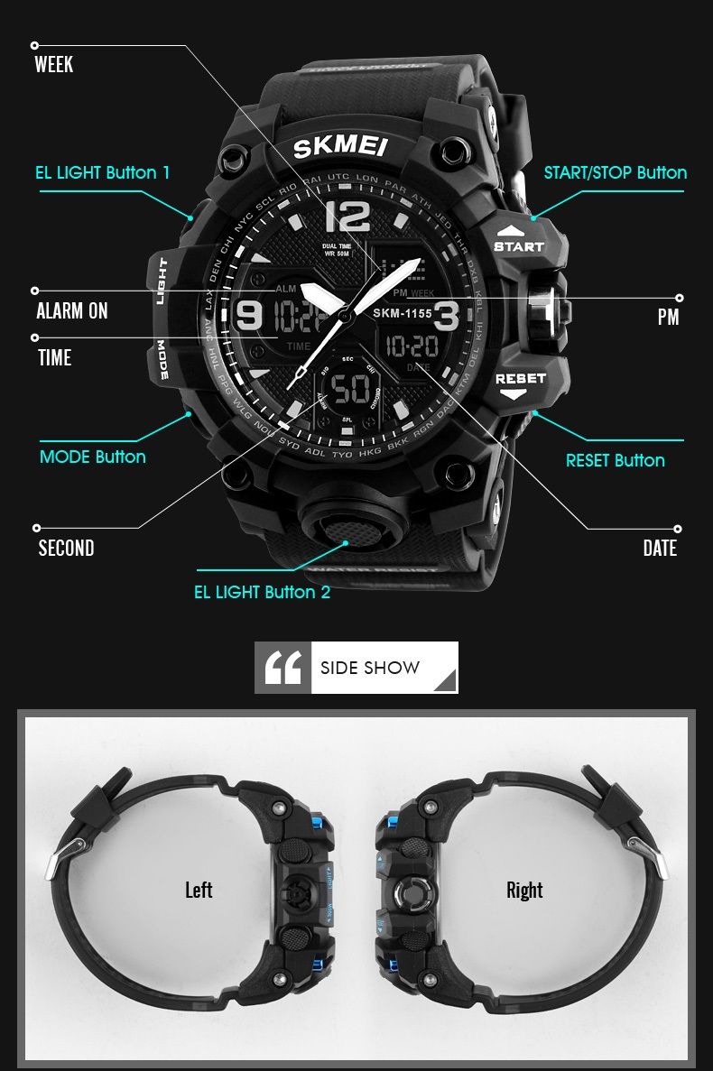 Reloj SKMEI 1155B Analogico y Digital Acuático Antigolpes Cronometro y Alarma
