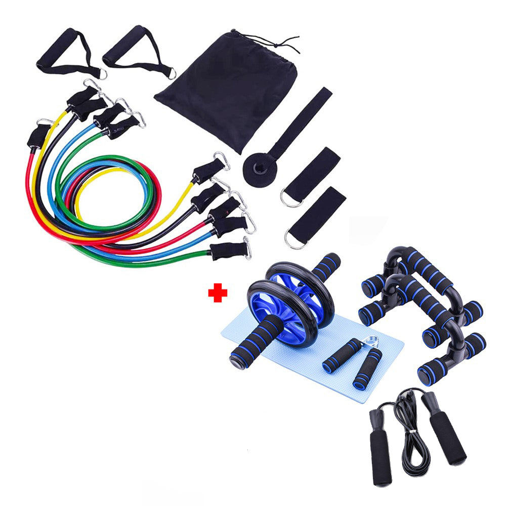 Bandas de Resistencia + Set deportivo (Incluye: soga, rueda abdominal, mancuernas para planchas, ejercitador de manos)